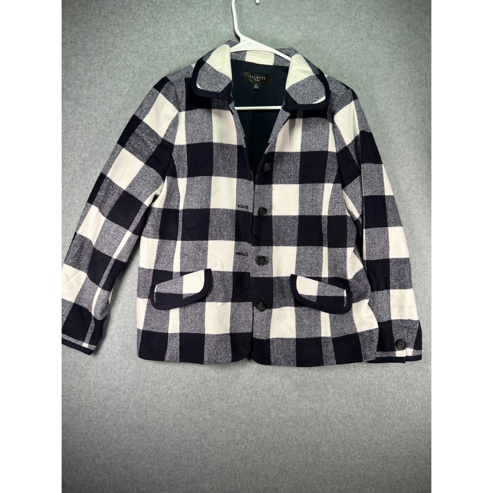 Talbots Petite MP Buffalo Plaid Blazer Jacket Black White Flannel Button Coat